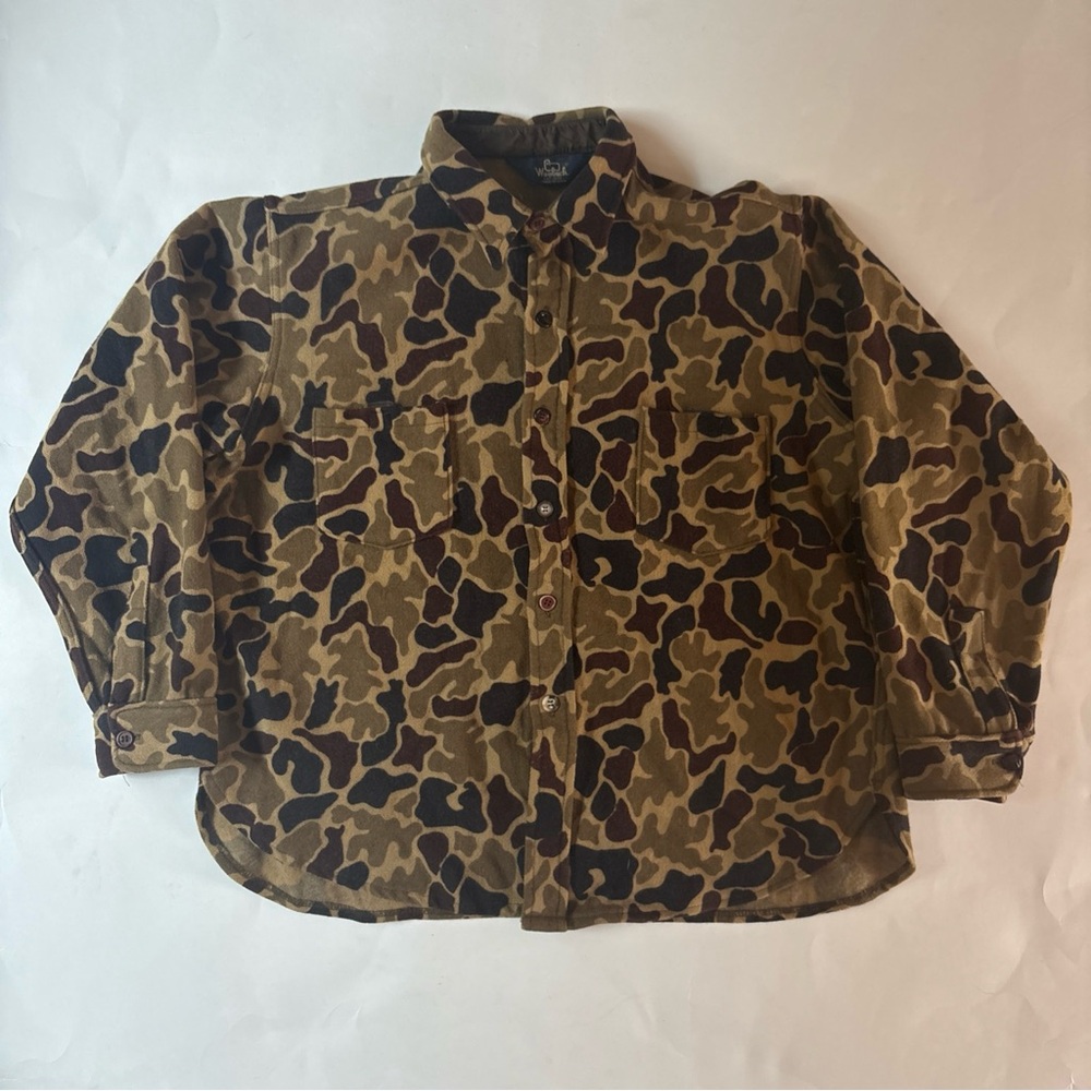 VTG 80s Woolrich Camo Shirt Mens Large Duck Frog Skin Wool Button Up Made In USA